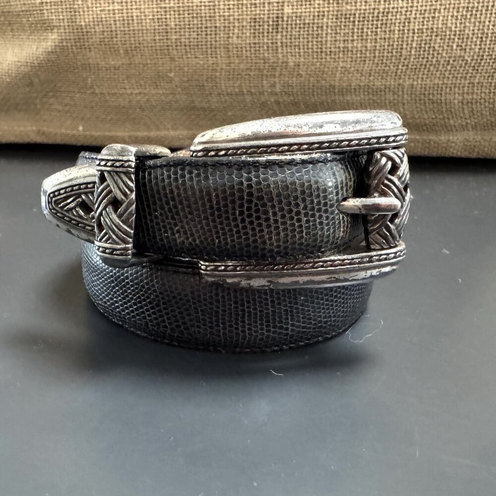 Brighton Gray Leather Snakeskin Western Belt Metal Distressed Buckle‎ M Grunge